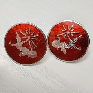 1930's Siam Sterling Silver Red Enamel Mekhala Circle Screw back Earrings